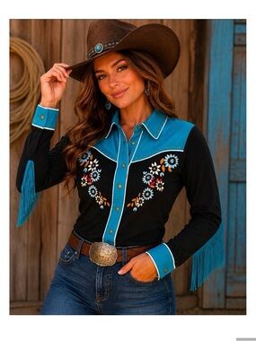 John Moon Western Embroidered Fringe Shirt - Teal & Black Size Medium EUC